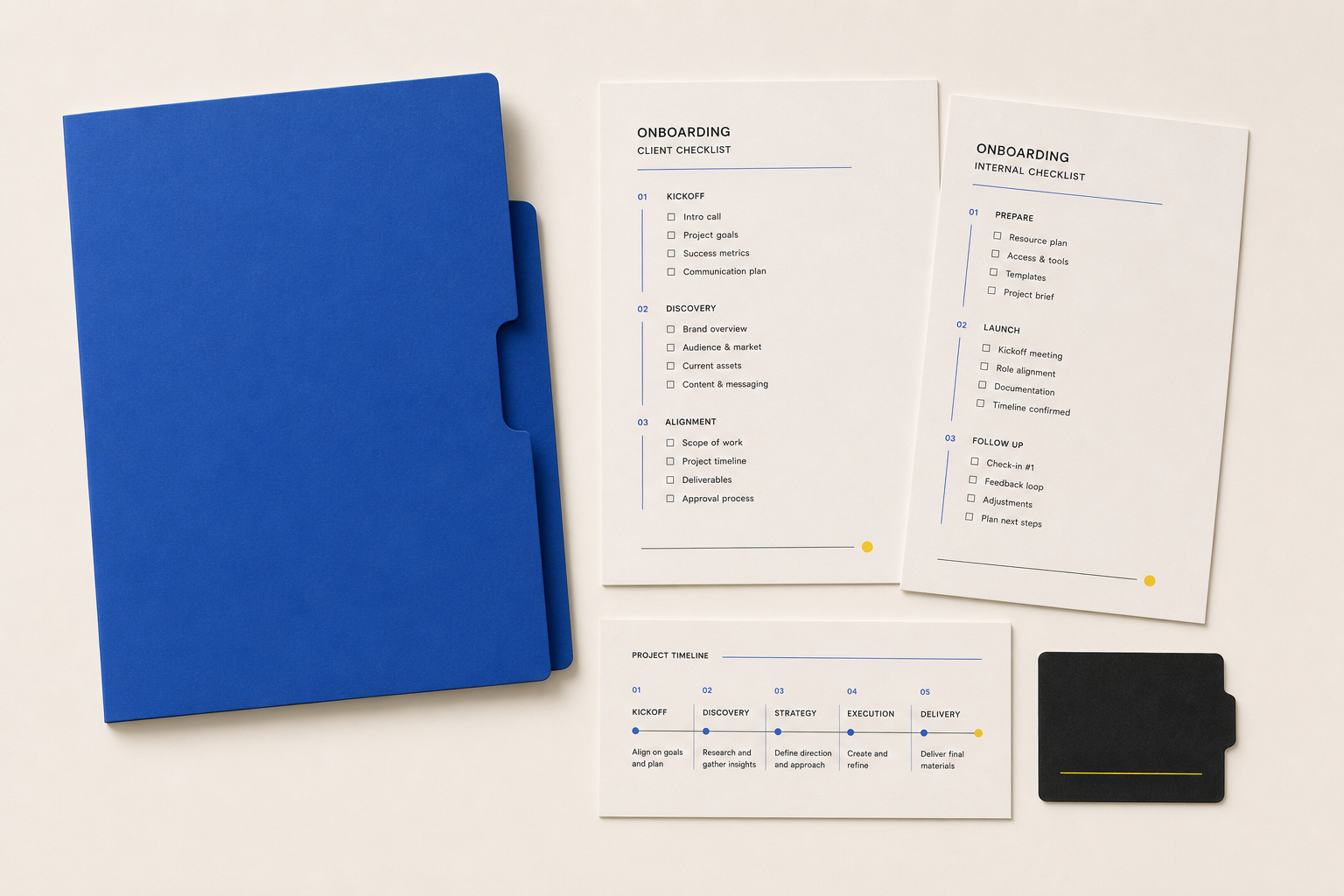 Minimal Client Onboarding OS kit with a cobalt folder, checklists, and a project timeline