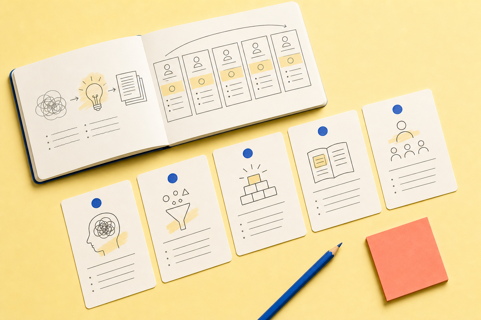 Minimal Content-to-Course workbook with a sequence of lesson cards and a pencil