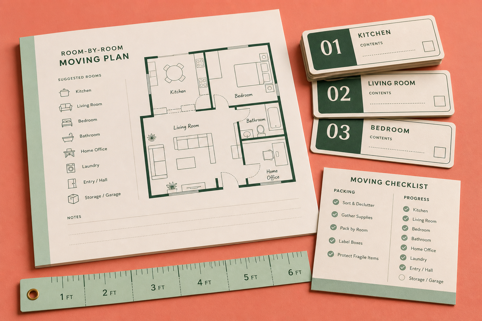 Minimal Move With Clarity planning kit with a room plan, box labels, checklist, and measuring strip