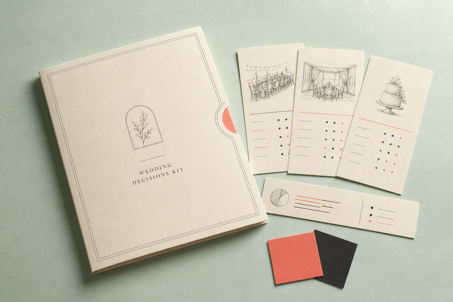 Minimal Wedding Decisions Kit folio with vendor cards, budget strip, and color swatches